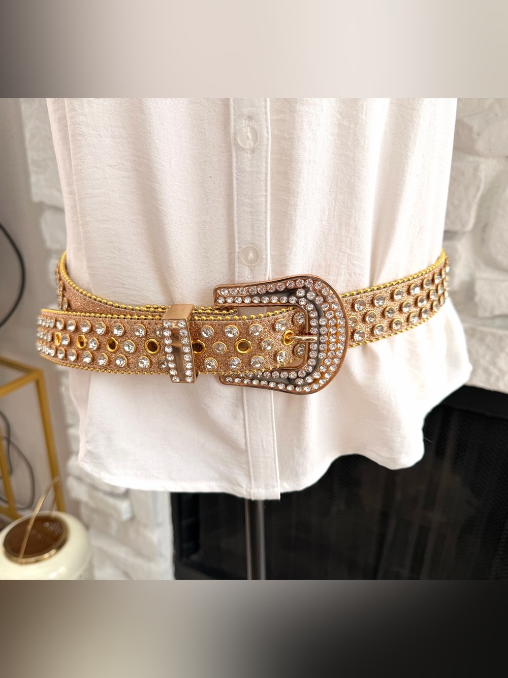Gold Glitter Rhinestone Western Belt L/XL Crystal Buckle Cowgirl Glam